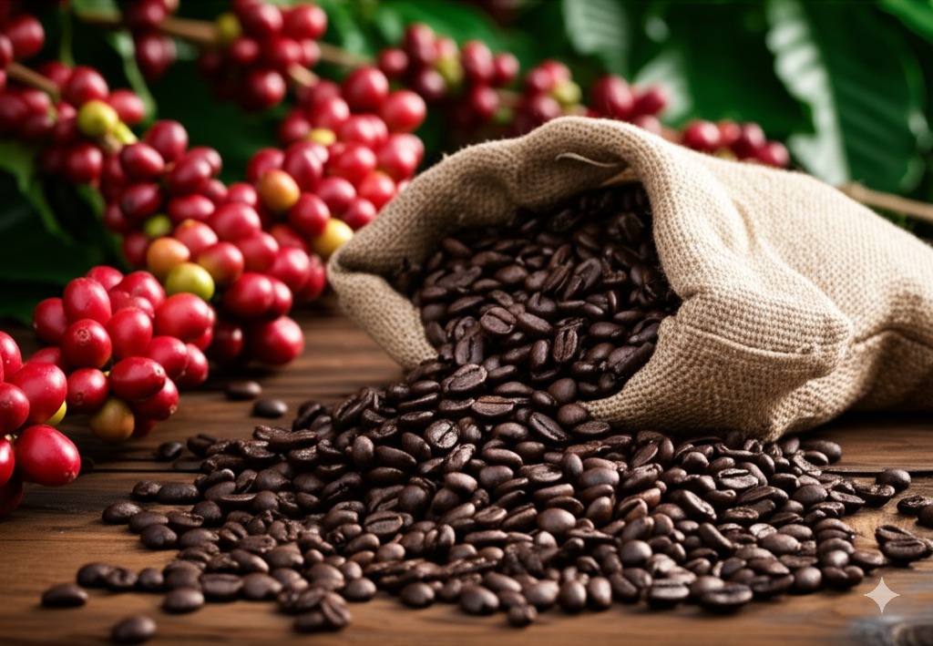 Bags of Arabica and Robusta beans side-by-side