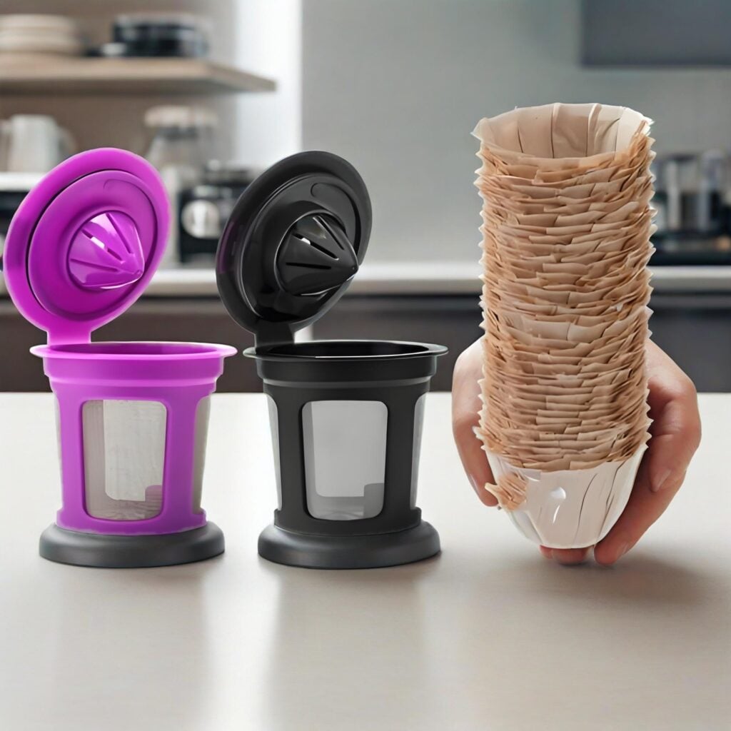 Single-use K-Cup pod next to a reusable K-Cup filter