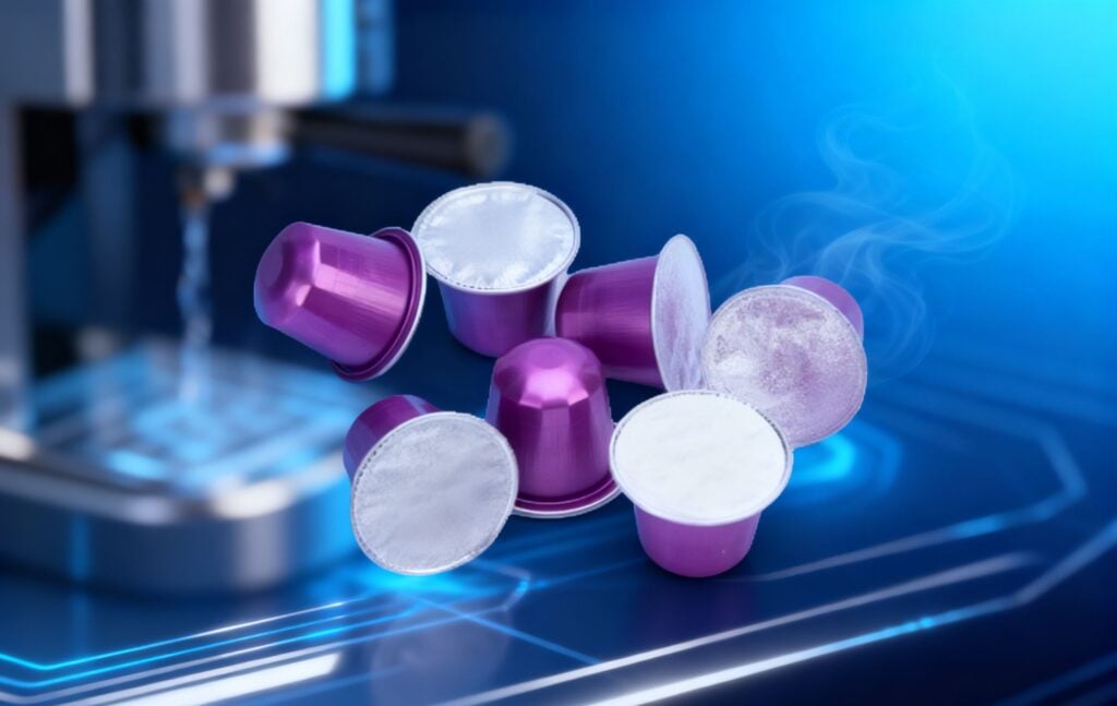 A close-up of an aluminum Nespresso compatible capsule