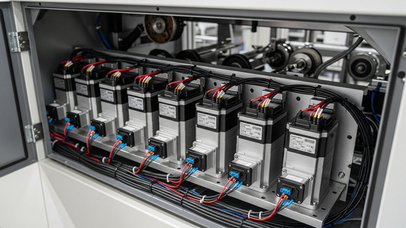 Paketleme makinesindeki servo motorların yakın plan çekimi