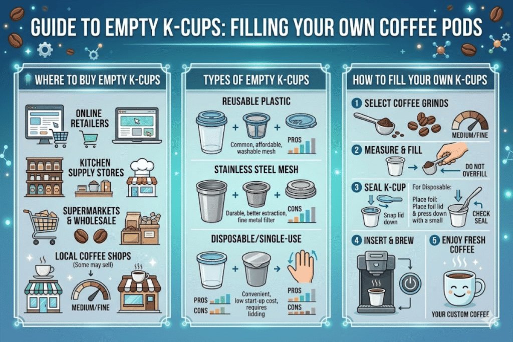 K-Cup rỗng Mua ở đâu, loại và cách đổ đầy cà phê của riêng bạn