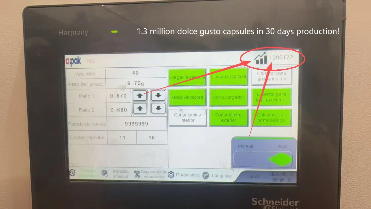 Production counter showing 1.3 million capsules on the AFPAK two-lane Dolce Gusto line
