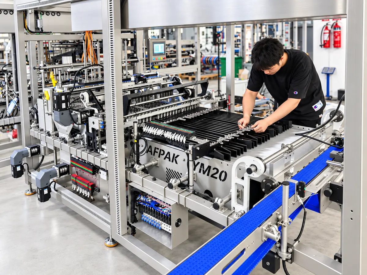 Technicien AFPAK assemblant une machine de cartonage de capsules de café