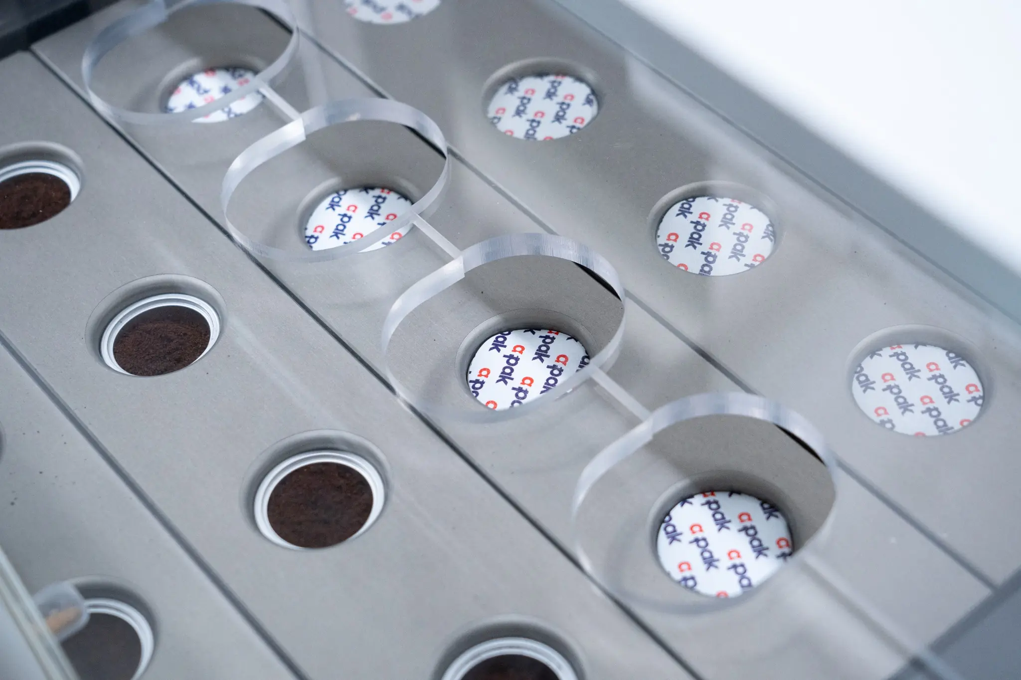 Couvercles en aluminium prédécoupés positionnés sur des capsules remplies compatibles Nespresso avant scellement