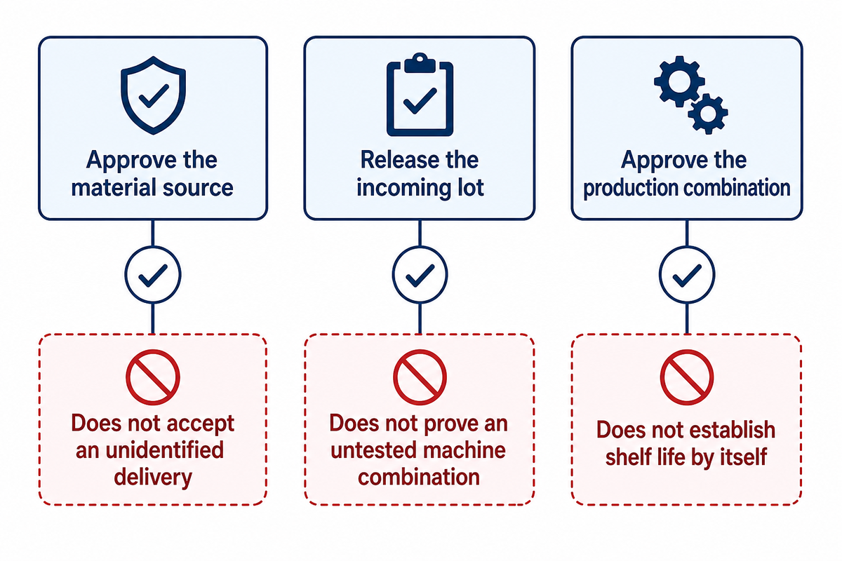 Three approval decisions have separate limits: source, incoming lot and tested production combination.