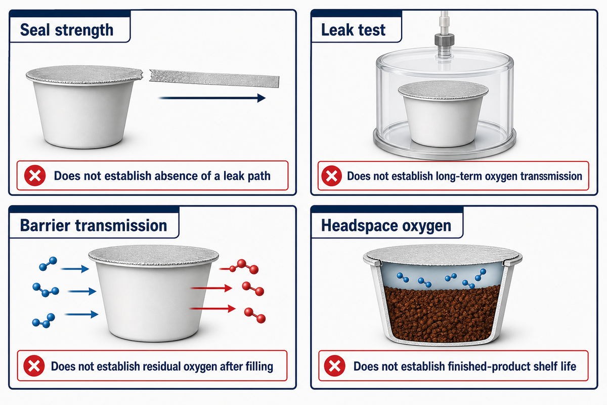 Seal strength, leak, barrier and headspace tests answer four different questions; ASTM and MOCON scopes.
