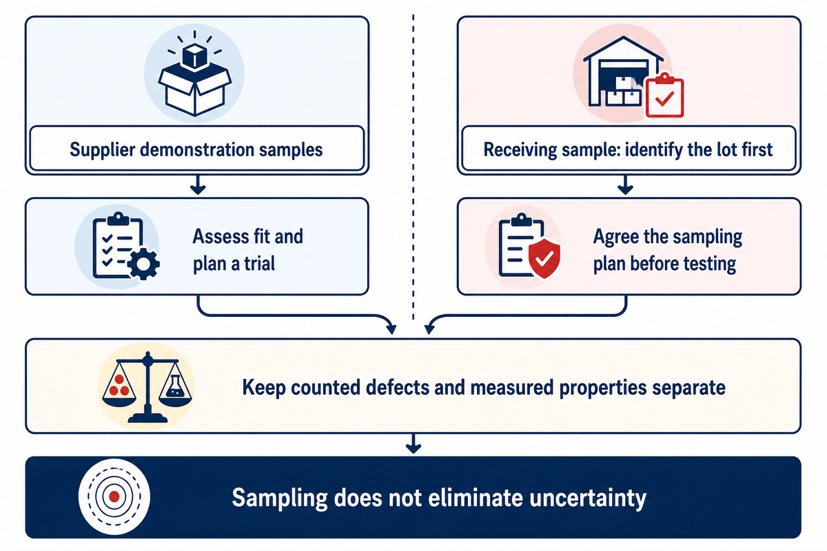 Supplier demonstration samples do not automatically represent a later receiving lot; NIST sampling guidance.
