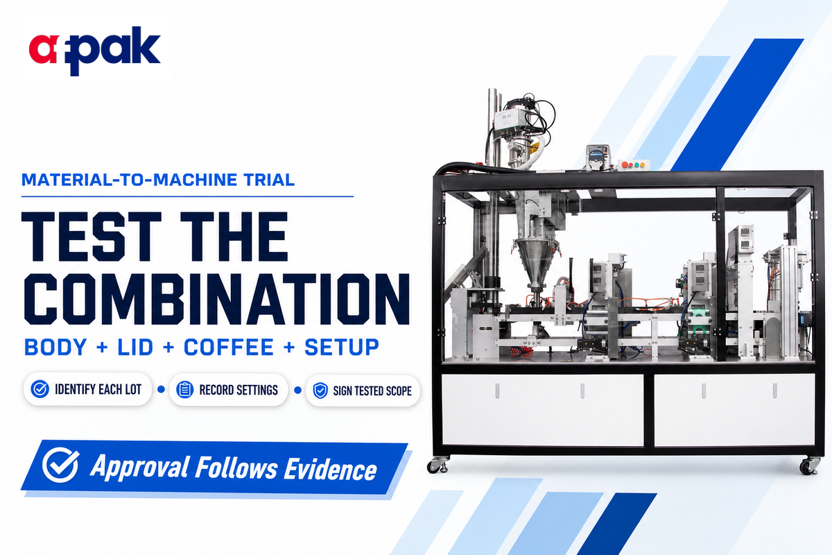 Identify body and lid lots, coffee, tooling and settings for the machine trial; ASTM F2029 limits lab inference.