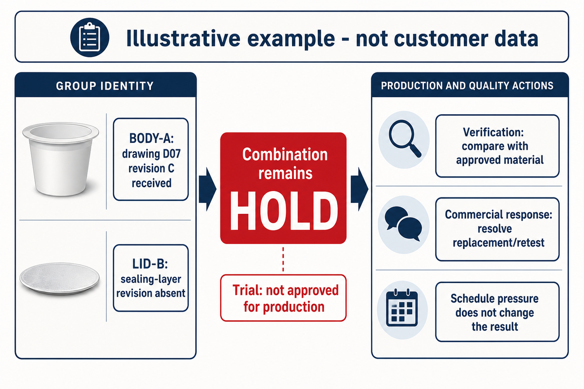 Illustrative BODY-A and LID-B case stays on HOLD because the lid sealing-layer revision is missing.