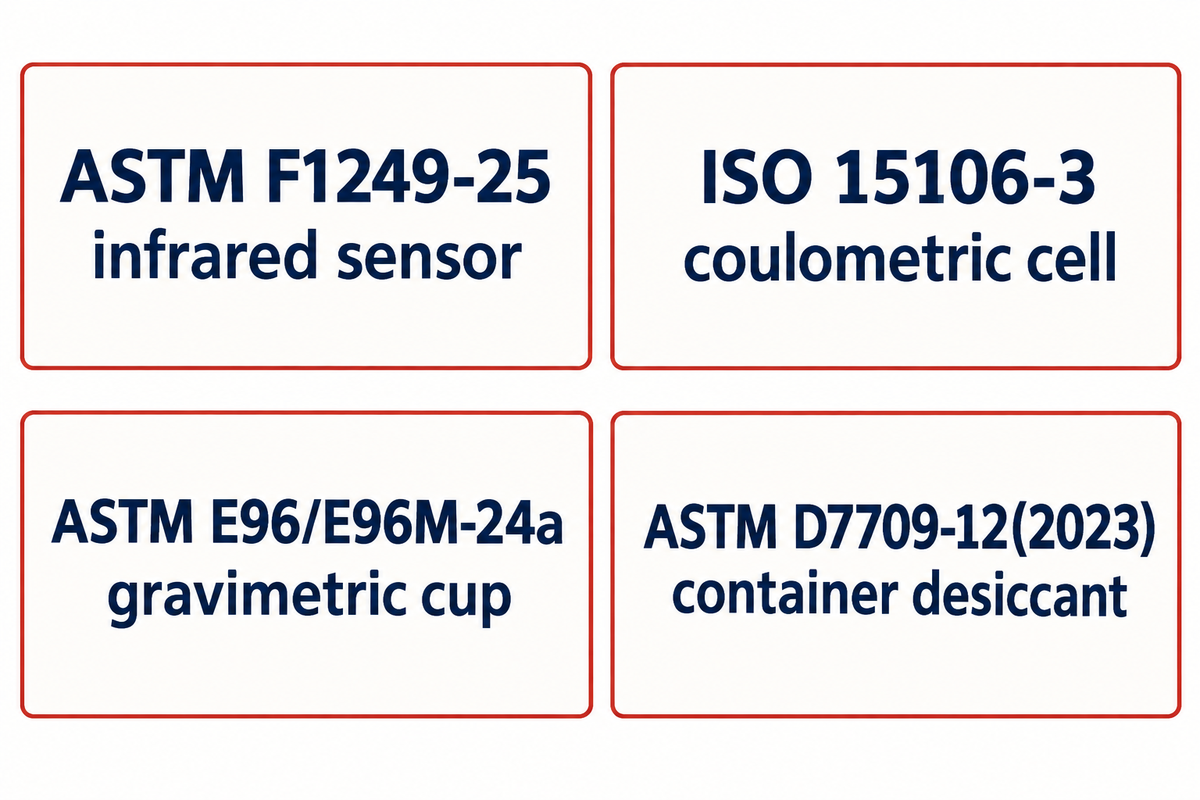 Compare ASTM F1249-25 infrared sensors, ISO 15106-3 coulometric cells, ASTM E96/E96M-24a gravimetric cups, and ASTM D7709-12(2023) container tests.