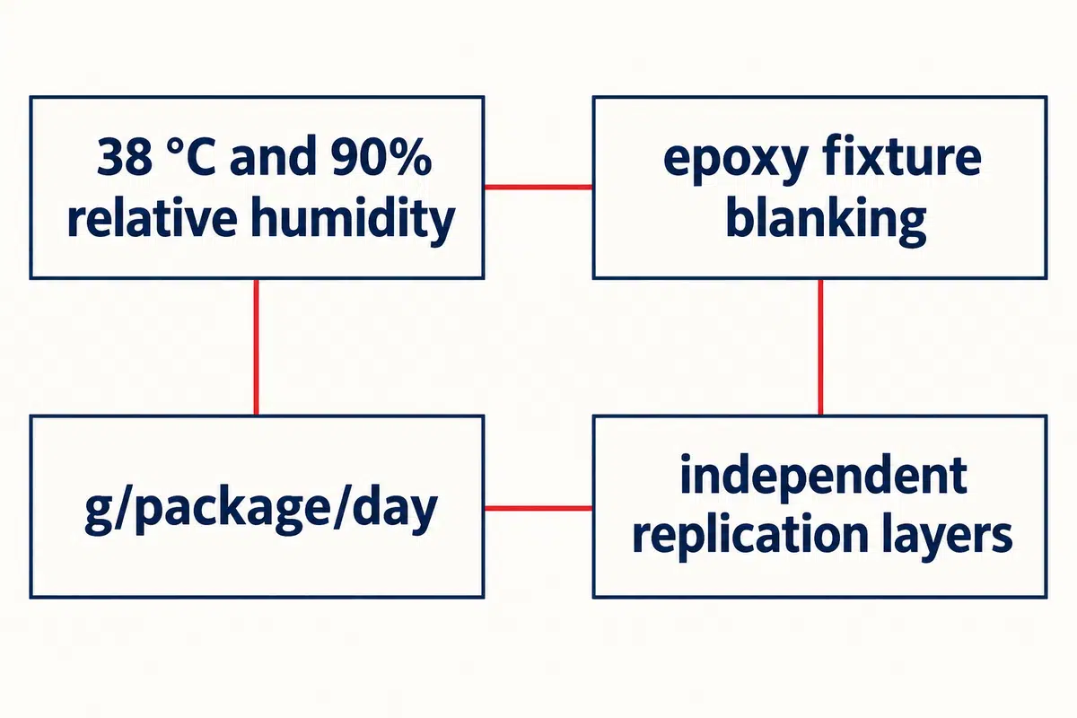 Matched coffee capsule qualification locks 38°C and 90% RH, epoxy fixture blanking, unnormalized g/package/day units, and independent replication layers.