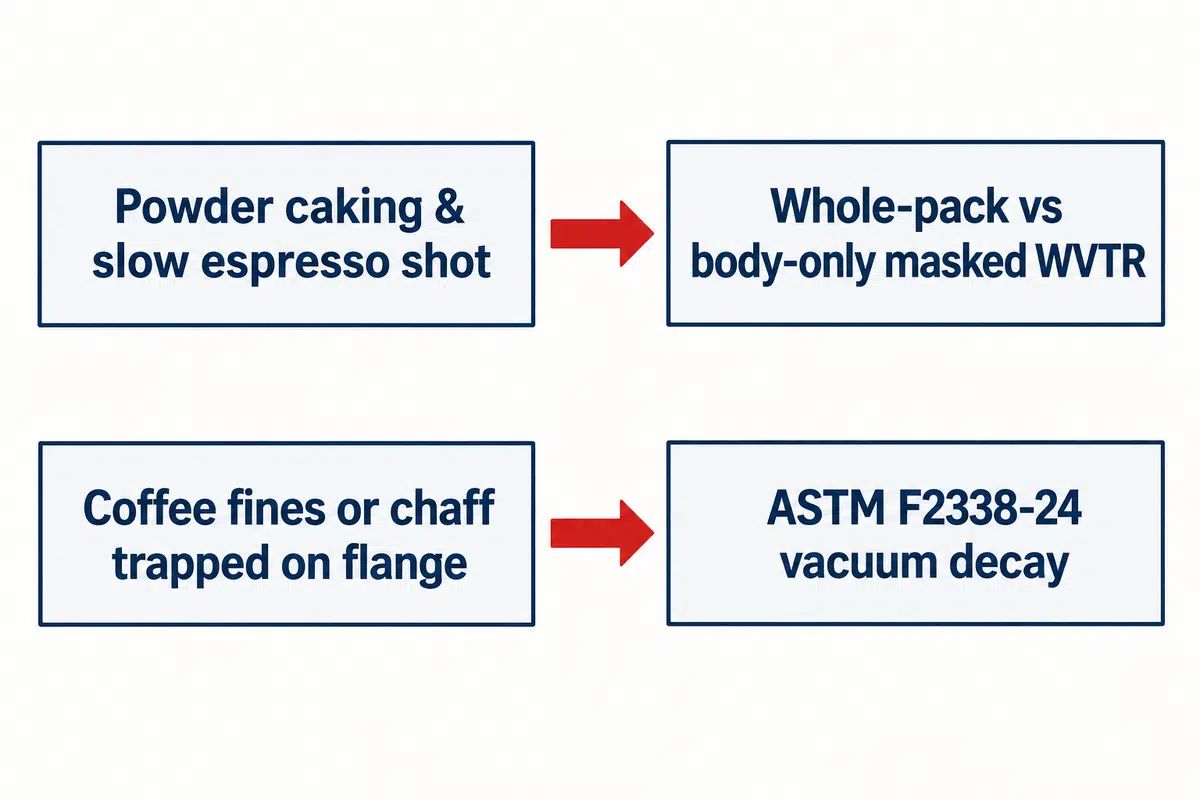 Route humid powder caking to whole-pack vs body-only WVTR (ASTM F1249-25) and route flange coffee fines to ASTM F2338-24 vacuum decay.