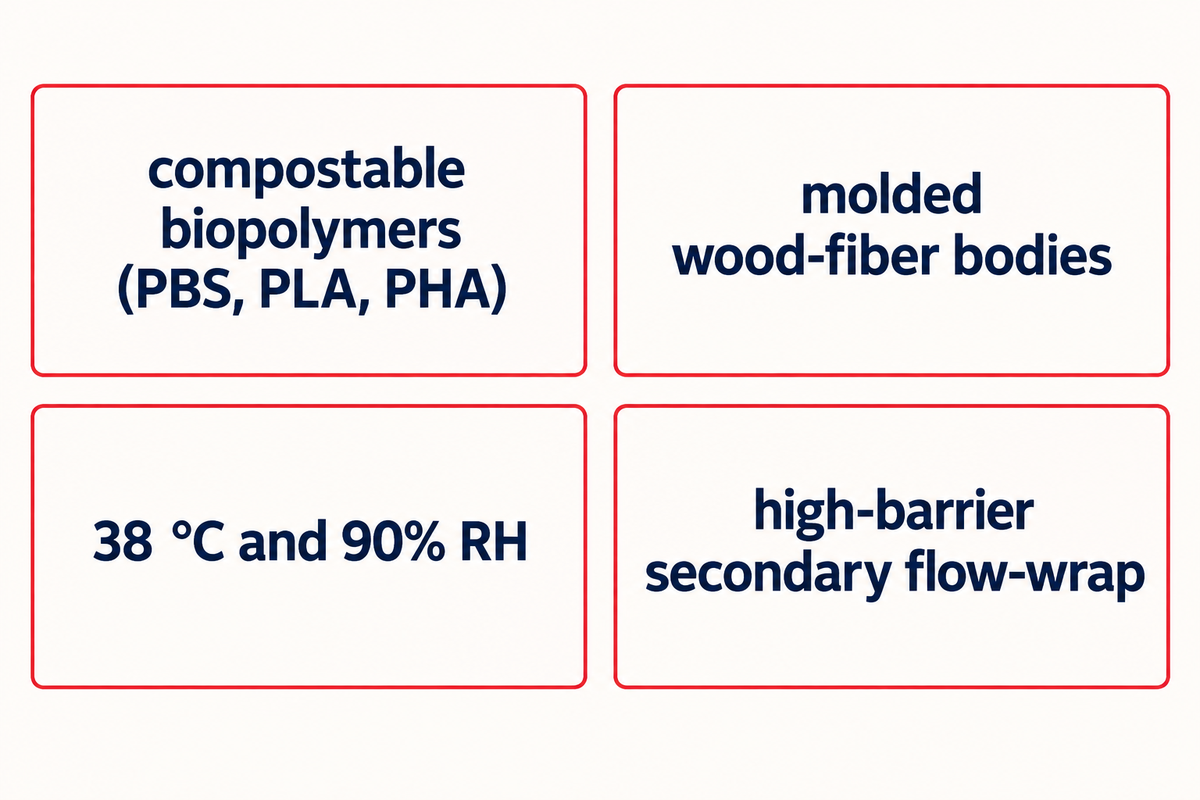 Transitioning to compostable biopolymers (PBS, PLA, PHA) or molded wood-fiber bodies requires 38°C/90% RH WVTR retesting and high-barrier secondary flow-wrap.