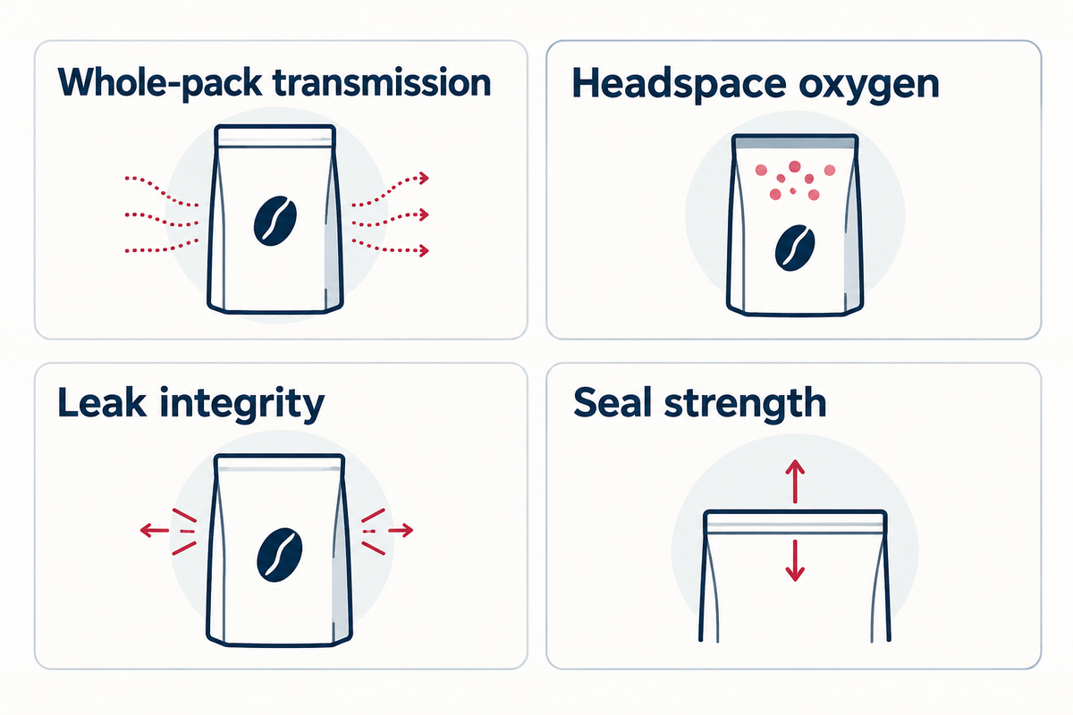 Separate whole-pack transmission, headspace oxygen, leak integrity and seal strength; ASTM method scopes support different decisions.