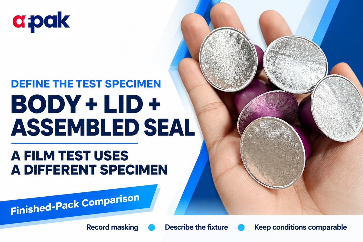A finished coffee capsule includes body, lid and assembled seal; specify the fixture and exposed surfaces before comparing reports.