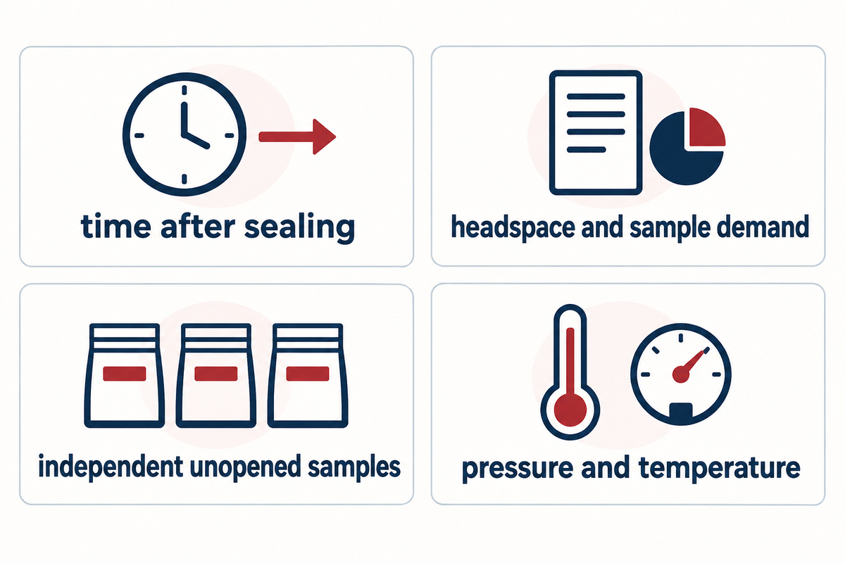 For small capsule headspaces, fix sample demand and timing, record gas conditions, and reserve independent unopened samples for later storage intervals.