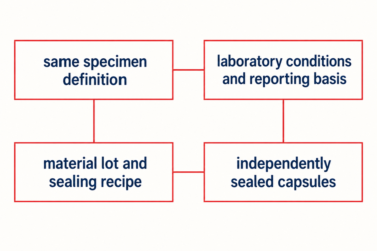 A comparable capsule study holds specimen and laboratory basis consistent, records lots and sealing recipe, and distinguishes independent sealed units from repeated readings.