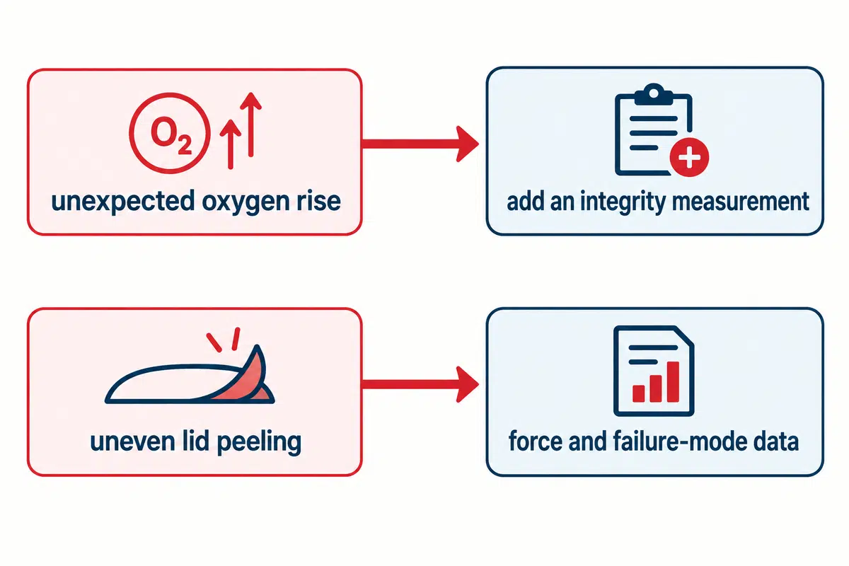 Diagnose an oxygen result with the next discriminating measurement; integrity and seal-force evidence answer different failure questions.
