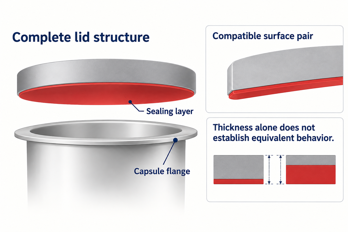 Match the lid sealing layer to the capsule flange; equal laminate thickness does not establish equivalent behavior (ASTM).