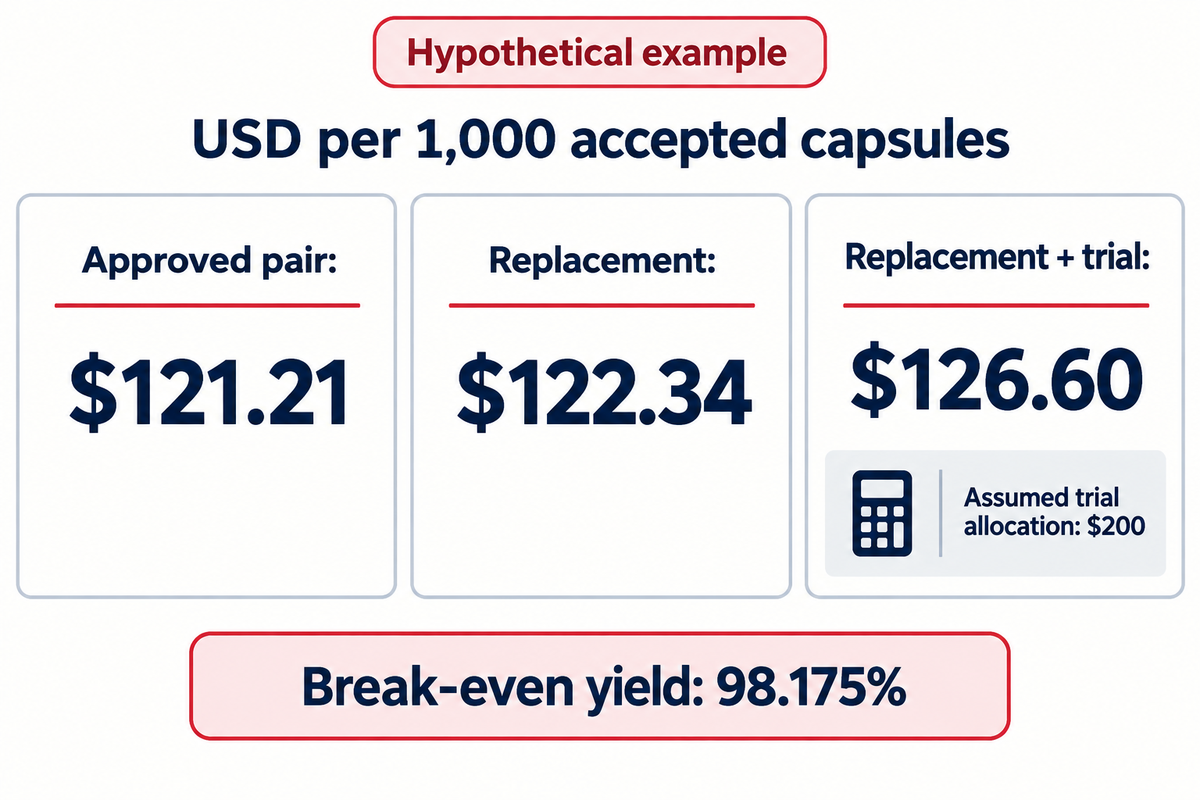 Hypothetical costs: approved $121.21, replacement $122.34, with trial $126.60 per 1,000 accepted; author's calculation.