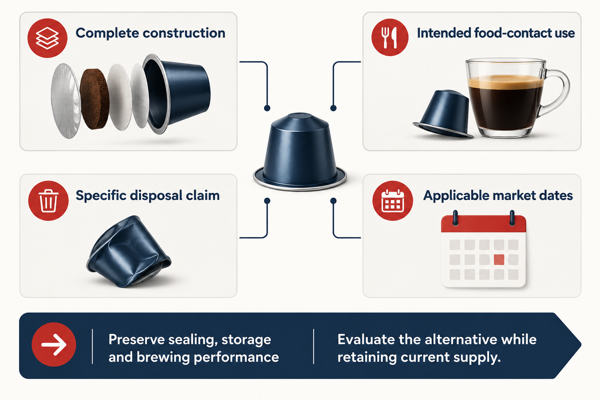 Keep complete construction, intended food-contact use, disposal claim and applicable dates together (FDA, FTC and EU).
