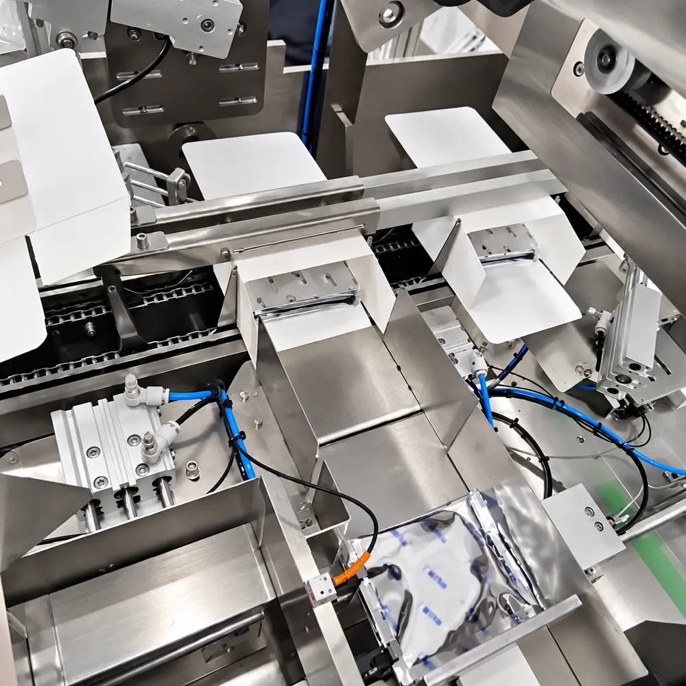 Drip coffee bags being pushed into an open carton on the B10 cartoner