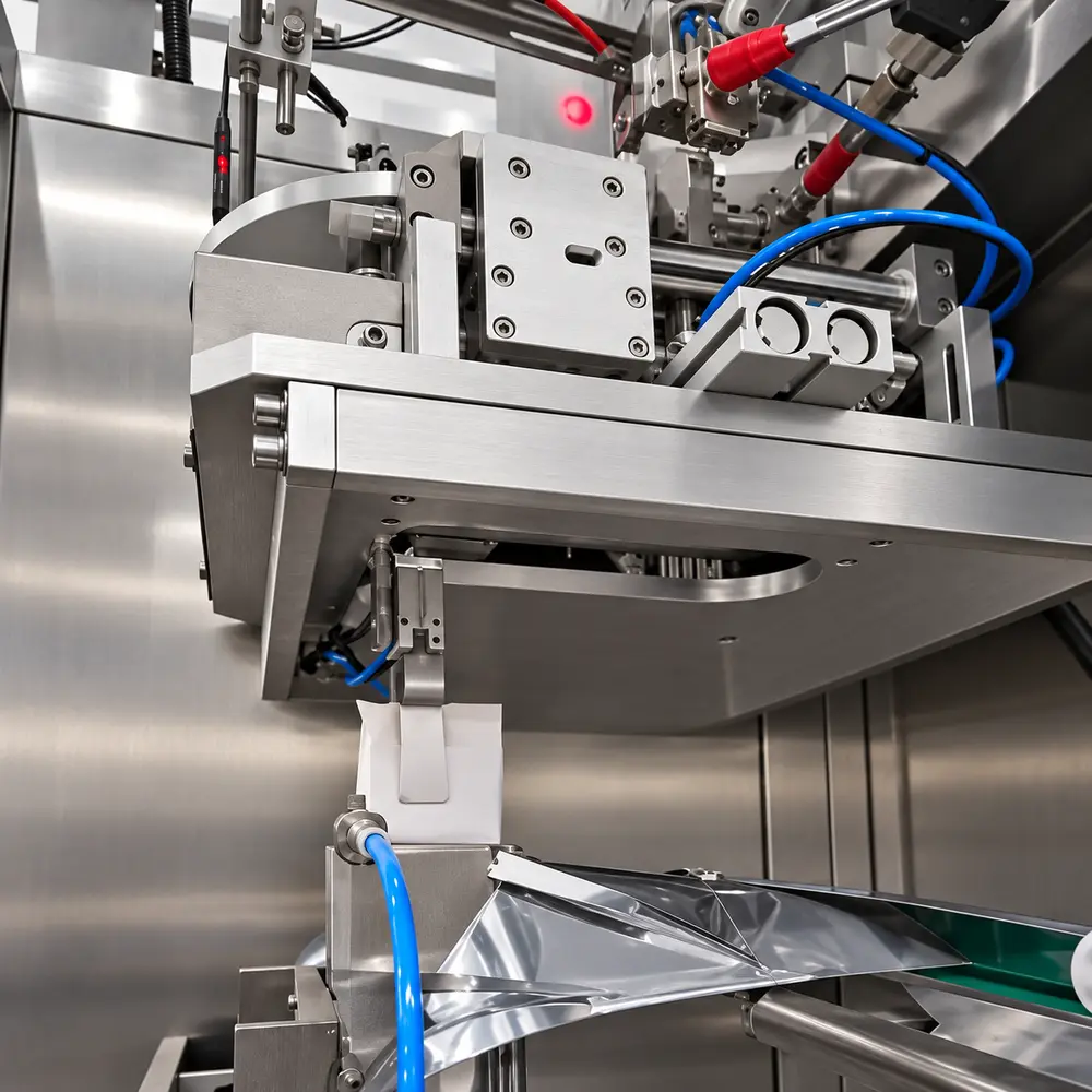 Inner filter bag transferred into the outer bag on the XKL180 drip coffee bag packing machine