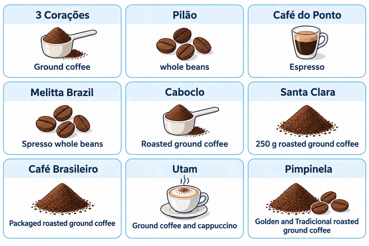 Everyday labels offer distinct formats: Santa Clara Clássico is 250 g ground coffee; the selected product determines preparation.