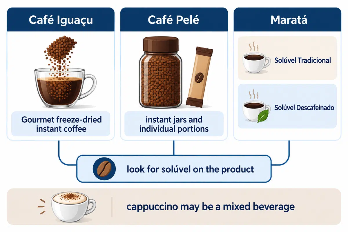 Choose the soluble product: Iguaçu freeze-dried, Pelé portions or Maratá decaf instant; ground coffee and cappuccino differ.