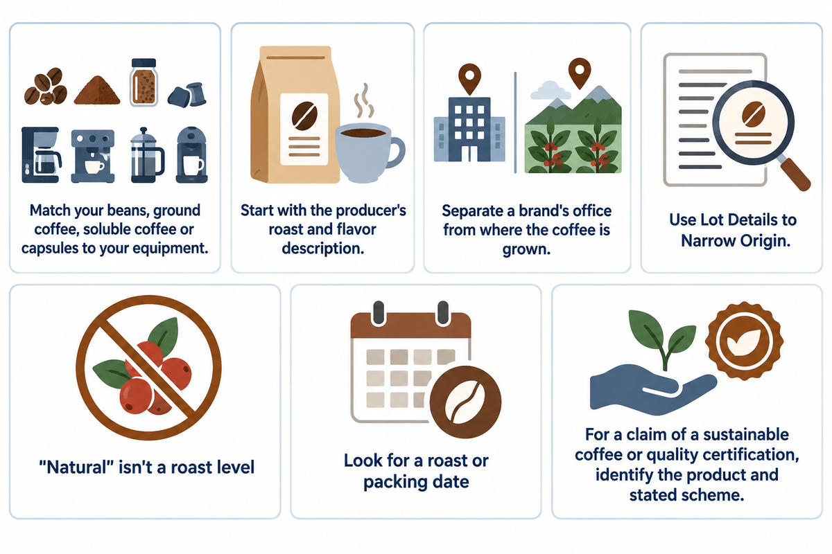 Choose by format, roast, growing origin, lot, process, date and specific certification; the guide's seven buying checks.