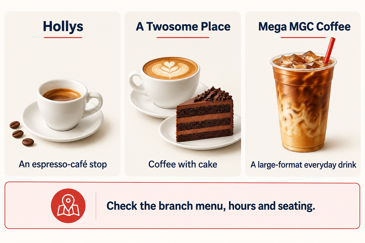 Οι Hollys, A Twosome Place και Mega εξυπηρετούν διαφορετικές επισκέψεις σε καφέ· ελέγξτε το μενού, το ωράριο και τις θέσεις του καταστήματος που επιλέξατε.